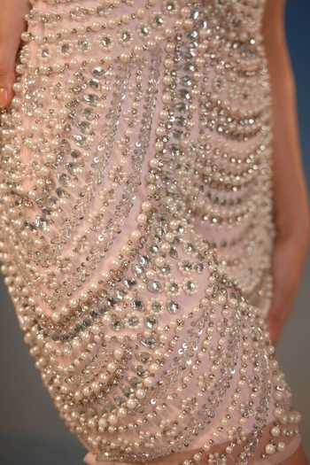 Shop_Bling Empire_Ivory Mesh High Neck Imperial Pearl Beaded Work Dress _Online_at_Aza_Fashions