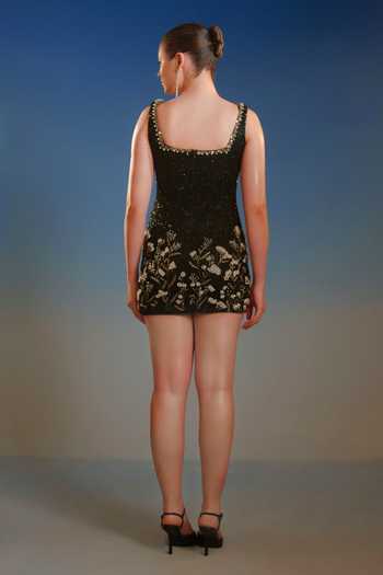Shop_Bling Empire_Black Mesh Square Neck Floral Embroidered Mini Dress _at_Aza_Fashions
