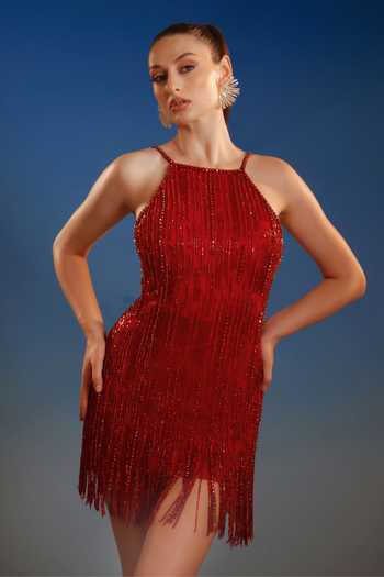 Buy_Bling Empire_Red Mesh Halter Neck Sequin Mini Dress _at_Aza_Fashions