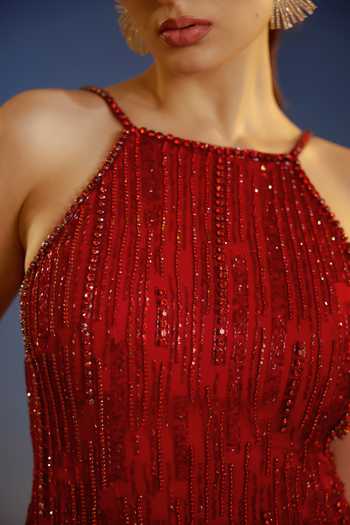 Buy_Bling Empire_Red Mesh Halter Neck Sequin Mini Dress 