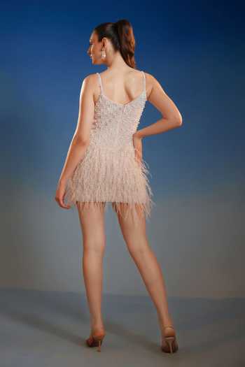 Shop_Bling Empire_Ivory Mesh Square Neck Pearlescent Feathered Radiance Dress _at_Aza_Fashions