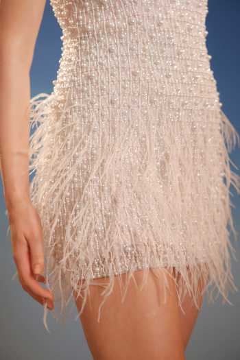 Bling Empire_Ivory Mesh Square Neck Pearlescent Feathered Radiance Dress _at_Aza_Fashions