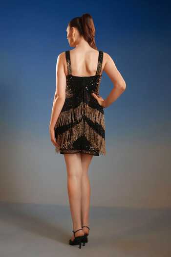 Shop_Bling Empire_Black Mesh Sweetheart Neck Scallop Chain Mini Dress _at_Aza_Fashions