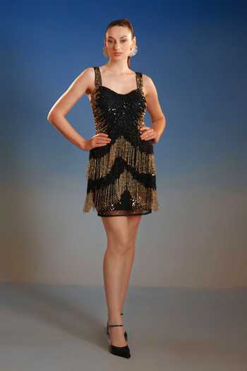 Buy_Bling Empire_Black Mesh Sweetheart Neck Scallop Chain Mini Dress _at_Aza_Fashions