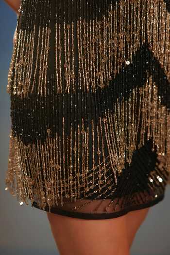 Bling Empire_Black Mesh Sweetheart Neck Scallop Chain Mini Dress _at_Aza_Fashions
