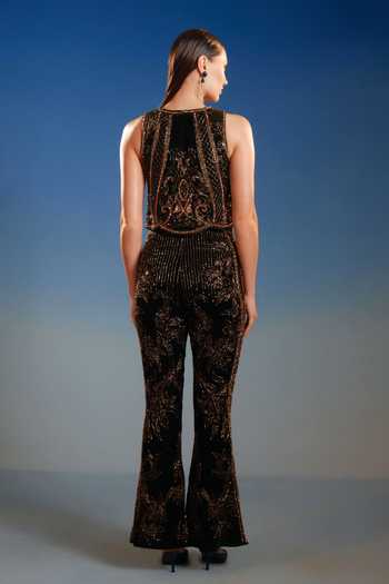 Shop_Bling Empire_Black Mesh, Lycra High Neck Sequin Work Top And Pant Set _at_Aza_Fashions