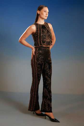 Bling Empire_Black Mesh, Lycra High Neck Sequin Work Top And Pant Set _Online_at_Aza_Fashions
