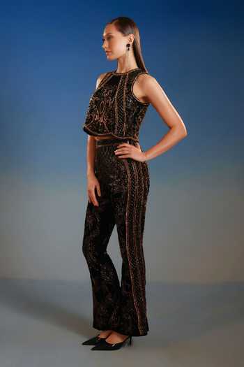 Buy_Bling Empire_Black Mesh, Lycra High Neck Sequin Work Top And Pant Set _Online_at_Aza_Fashions