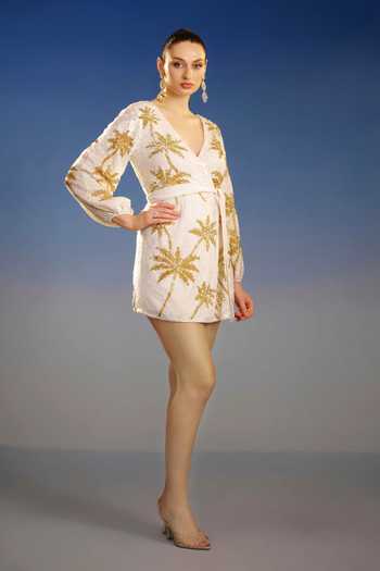 Bling Empire_White Mesh V-neck Golden Palms Mini Dress _Online_at_Aza_Fashions