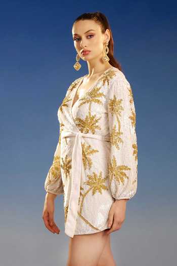 Buy_Bling Empire_White Mesh V-neck Golden Palms Mini Dress _Online_at_Aza_Fashions