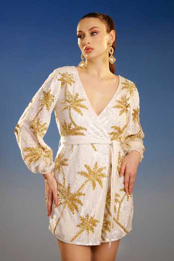 Buy_Bling Empire_White Mesh V-neck Golden Palms Mini Dress _at_Aza_Fashions