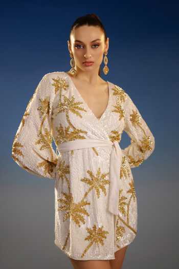 Shop_Bling Empire_White Mesh V-neck Golden Palms Mini Dress _Online_at_Aza_Fashions