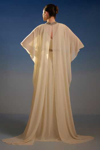 Shop_Bling Empire_Ivory Mesh Choker Neck Embellished Cape Sleeve Maxi Dress _at_Aza_Fashions