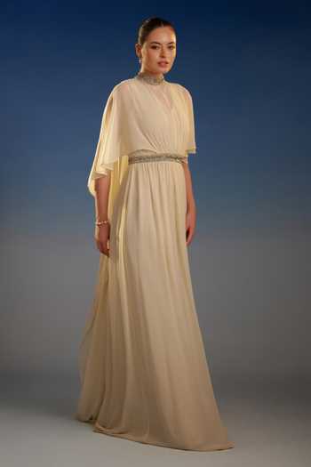 Buy_Bling Empire_Ivory Mesh Choker Neck Embellished Cape Sleeve Maxi Dress _Online_at_Aza_Fashions