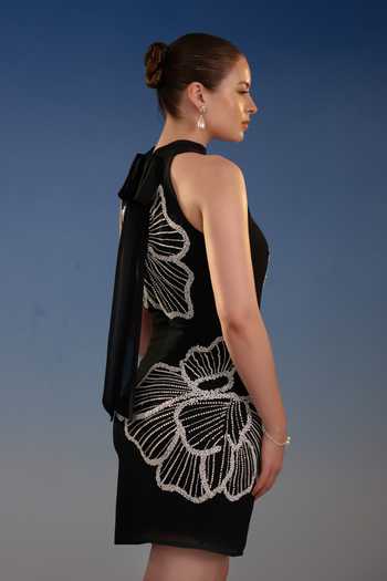Buy_Bling Empire_Black Mesh Halter Neck Sequin Work Mini Dress _Online_at_Aza_Fashions