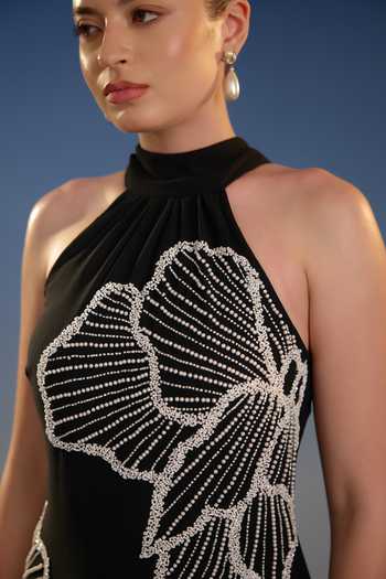 Shop_Bling Empire_Black Mesh Halter Neck Sequin Work Mini Dress _Online_at_Aza_Fashions