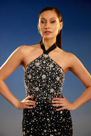 Buy_Bling Empire_Black Mesh Halter Neck Embellished Cape Mini Dress _Online_at_Aza_Fashions
