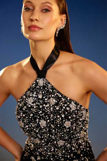 Shop_Bling Empire_Black Mesh Halter Neck Embellished Cape Mini Dress _Online_at_Aza_Fashions