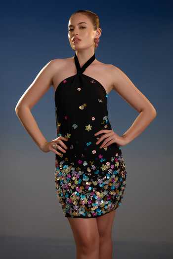 Shop_Bling Empire_Black Mesh Halter Neck Sequin Mini Dress _Online_at_Aza_Fashions