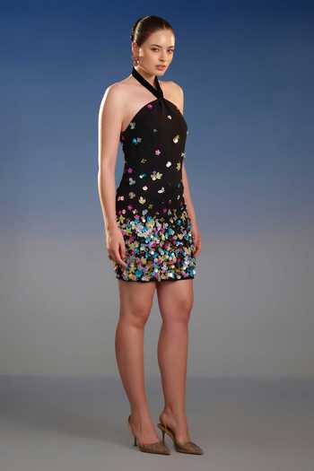 Shop_Bling Empire_Black Mesh Halter Neck Sequin Mini Dress _at_Aza_Fashions