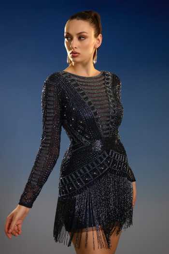 Buy_Bling Empire_Black Mesh Round Neck Shimmering Shadow Dress _Online_at_Aza_Fashions