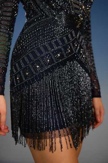 Bling Empire_Black Mesh Round Neck Shimmering Shadow Dress _at_Aza_Fashions