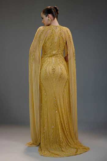 Shop_Bling Empire_Yellow Mesh Sequins, Beads High , Keyhole Champagne Work Gown _at_Aza_Fashions