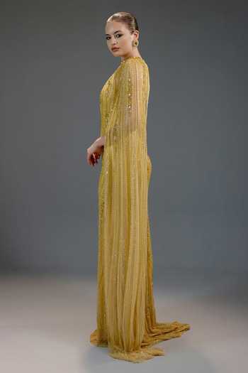 Bling Empire_Yellow Mesh Sequins, Beads High , Keyhole Champagne Work Gown _Online_at_Aza_Fashions