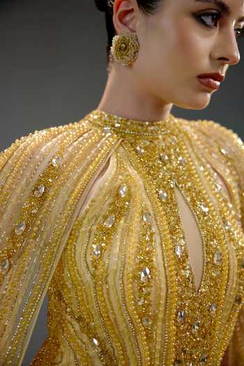Buy_Bling Empire_Yellow Mesh Sequins, Beads High , Keyhole Champagne Work Gown _Online_at_Aza_Fashions