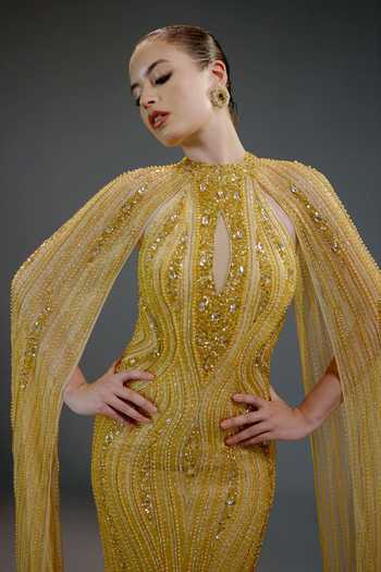 Shop_Bling Empire_Yellow Mesh Sequins, Beads High , Keyhole Champagne Work Gown _Online_at_Aza_Fashions