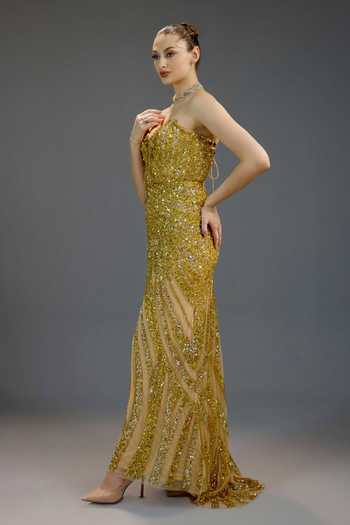 Bling Empire_Gold Mesh Sequins, Stones Sweetheart Neck Embroidered Slit Gown _Online_at_Aza_Fashions