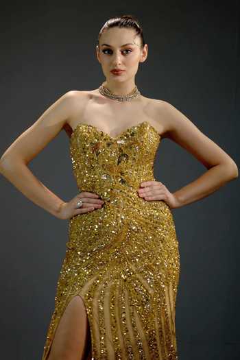 Buy_Bling Empire_Gold Mesh Sequins, Stones Sweetheart Neck Embroidered Slit Gown _Online_at_Aza_Fashions