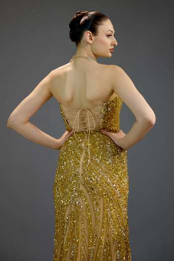 Shop_Bling Empire_Gold Mesh Sequins, Stones Sweetheart Neck Embroidered Slit Gown _at_Aza_Fashions