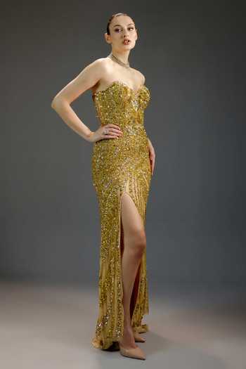 Shop_Bling Empire_Gold Mesh Sequins, Stones Sweetheart Neck Embroidered Slit Gown _Online_at_Aza_Fashions