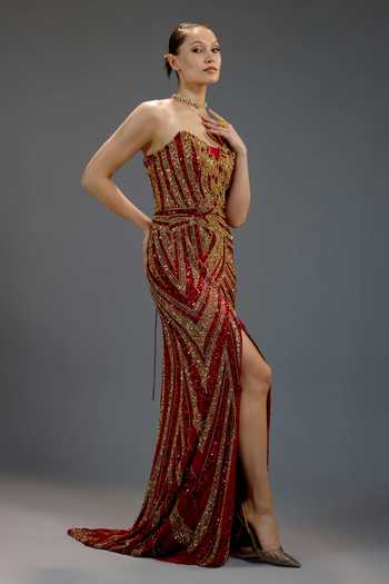 Bling Empire_Multicolor Mesh Embroidery, Sequins, Zari Sweetheart Neck Burgundy Work Gown _Online_at_Aza_Fashions