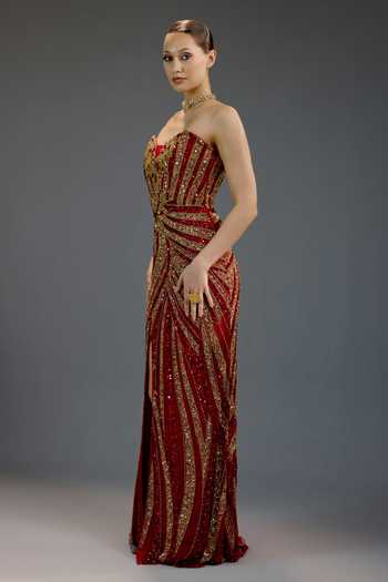 Buy_Bling Empire_Multicolor Mesh Embroidery, Sequins, Zari Sweetheart Neck Burgundy Work Gown _Online_at_Aza_Fashions