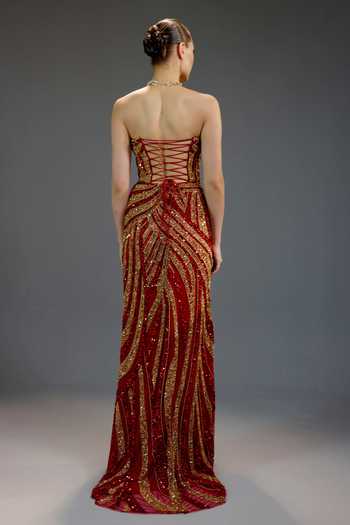 Shop_Bling Empire_Multicolor Mesh Embroidery, Sequins, Zari Sweetheart Neck Burgundy Work Gown _at_Aza_Fashions