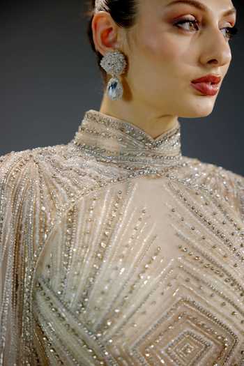 Bling Empire_Ivory Mesh Beads, Pearls High Neck Chain Draped Gown _Online_at_Aza_Fashions