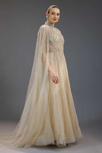 Buy_Bling Empire_Ivory Mesh Beads, Pearls High Neck Chain Draped Gown _Online_at_Aza_Fashions