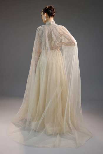 Shop_Bling Empire_Ivory Mesh Beads, Pearls High Neck Chain Draped Gown _at_Aza_Fashions