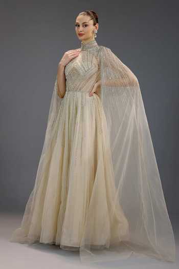 Shop_Bling Empire_Ivory Mesh Beads, Pearls High Neck Chain Draped Gown _Online_at_Aza_Fashions