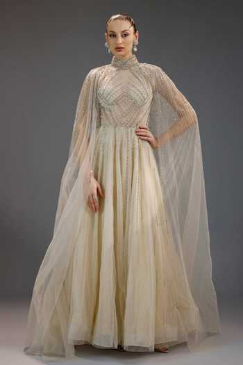 Buy_Bling Empire_Ivory Mesh Beads, Pearls High Neck Chain Draped Gown _at_Aza_Fashions