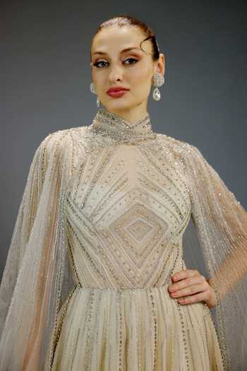Bling Empire_Ivory Mesh Beads, Pearls High Neck Chain Draped Gown _at_Aza_Fashions