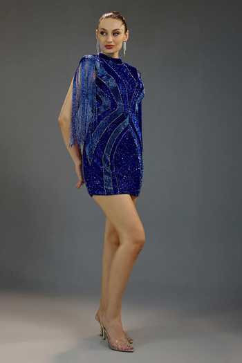 Bling Empire_Blue Mesh High , Keyhole Royal Sapphire Fringe Glamour Dress _Online_at_Aza_Fashions