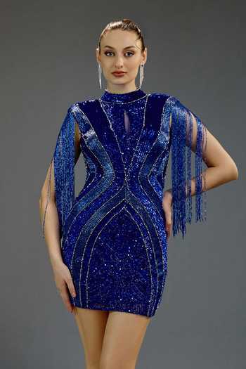 Buy_Bling Empire_Blue Mesh High , Keyhole Royal Sapphire Fringe Glamour Dress _Online_at_Aza_Fashions