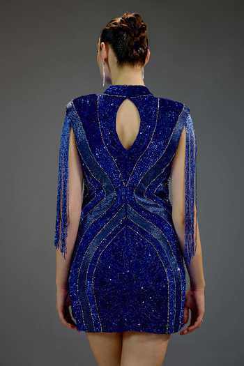 Shop_Bling Empire_Blue Mesh High , Keyhole Royal Sapphire Fringe Glamour Dress _at_Aza_Fashions