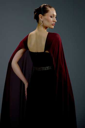 Shop_Bling Empire_Maroon Mesh Keyhole Neck Crimson Velvet Royal Cape Gown _at_Aza_Fashions