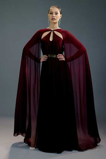 Bling Empire_Maroon Mesh Keyhole Neck Crimson Velvet Royal Cape Gown _Online_at_Aza_Fashions