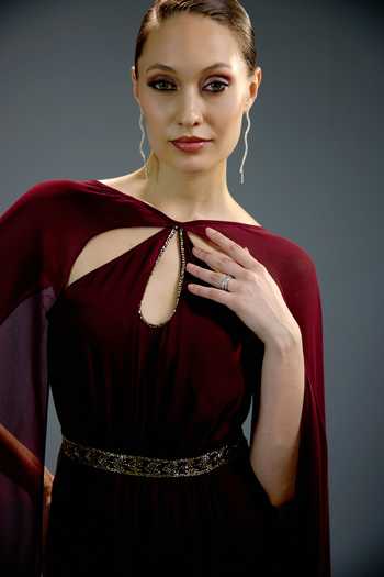 Buy_Bling Empire_Maroon Mesh Keyhole Neck Crimson Velvet Royal Cape Gown _Online_at_Aza_Fashions