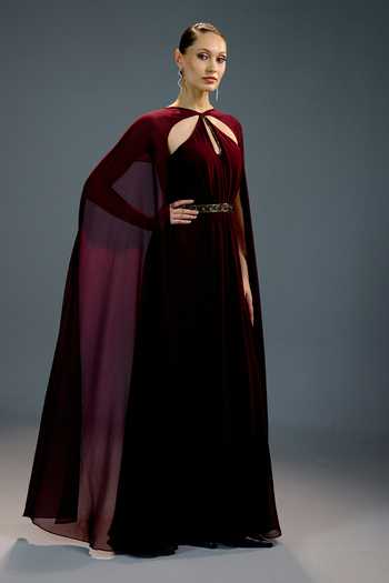 Shop_Bling Empire_Maroon Mesh Keyhole Neck Crimson Velvet Royal Cape Gown _Online_at_Aza_Fashions